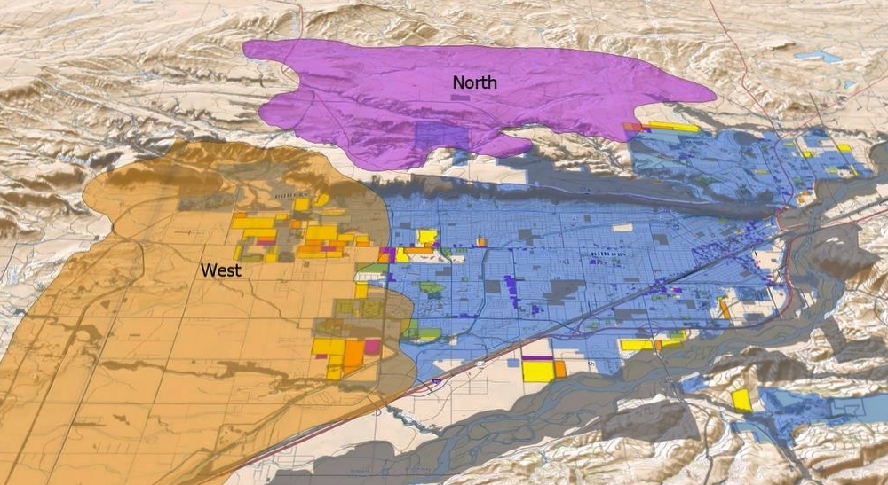 OBLIQUE VIEW OF BILLINGS, MONTANA SHOWING EXISTING CITY LIMITS (BLUE) AND ADJOINING PARCELS USED FOR INFILL SCENARIO, NORTH GROWTH AREA (MAGENTA), AND WEST GROWTH AREA (TAN). GREY SHADING INDICATES LAND UNSUITABLE FOR DEVELOPMENT.