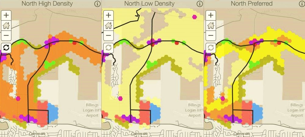 NORTH GROWTH AREA COMPARING THREE SCENARIOS: HIGH, LOW, AND PUBLIC PREFERRED. DIFFERENT COLORS REPRESENT DIFFERENT LAND USES AND RESIDENTIAL DENSITIES. DARK BLACK LINES INDICATE HYPOTHETICAL ROAD NETWORK CREATED TO PROVIDE CONNECTION TO EXISTING ROADS AND ACCESS TO RESIDENTIAL AREAS.