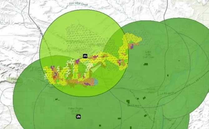 THREE-MILE RADII WERE CREATED AROUND EXISTING COMMUNITY PARKS (DARK GREEN) TO IDENTIFY GAPS IN COVERAGE. A HYPOTHETICAL COMMUNITY PARK WAS ADDED TO COMPLETE COVERAGE (LIGHT GREEN) IN NORTH LOW DENSITY SCENARIO.
