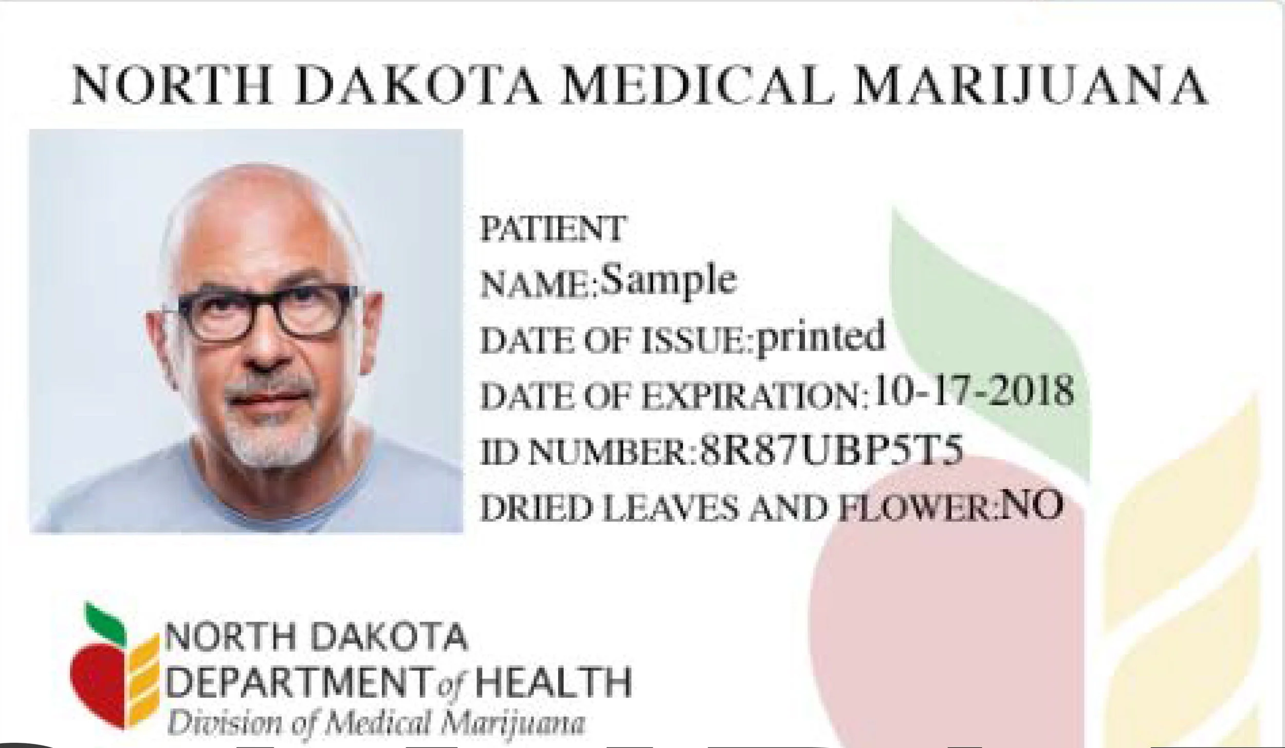 North Dakota Department of Health Sample ID Card. As of March 14 , 160 ID cards have been issued to qualifying patients.
