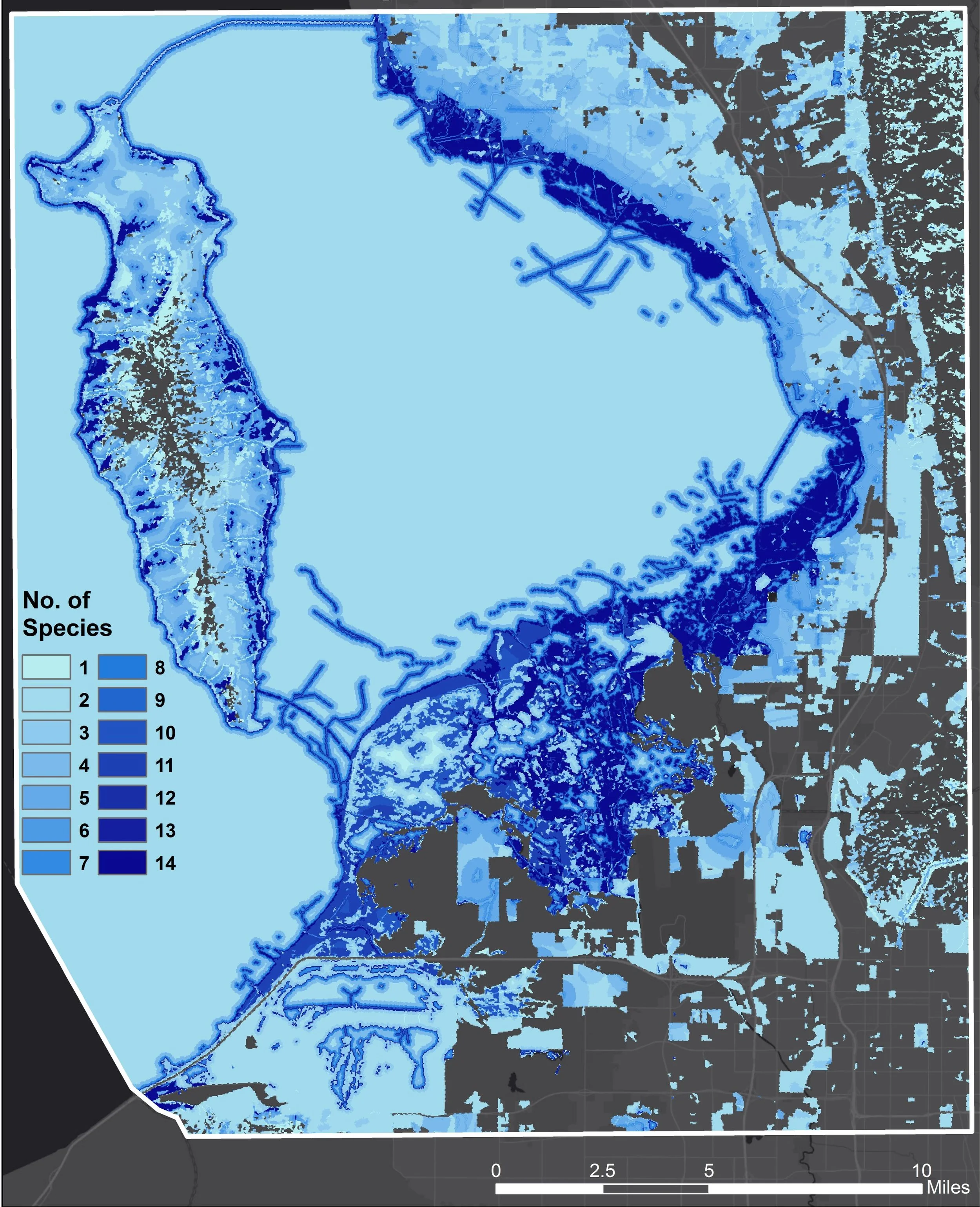 Figure 3: Mapped habitats of all 15 representative migratory bird species (includes shorebirds, waterbirds, and waterfowl). Areas with the greatest amount of species overlap are the darkest blue. Map created by Aubin Douglas using USGS GAP data.