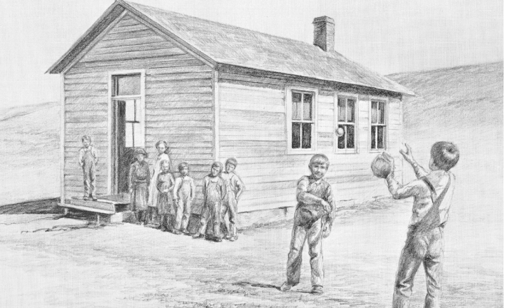 Drawing of one-room schoolhouse, children playing outside