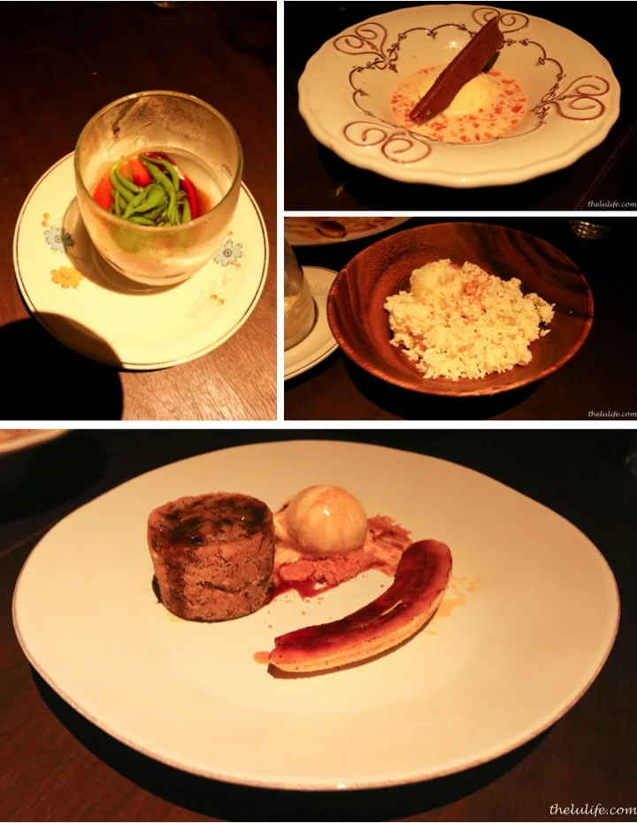 Top left: Chendol cream - signature coconut custard, gula melaka sauce with pandan jelly Top right: Durian soup - creamy durian ice cream with feuilletine, fresh durian puree Middle right: Mango ice Bottom: Banana caramel pudding - steamed banana cake, caramelized banana, ginger crumble with gula melaka ice cream