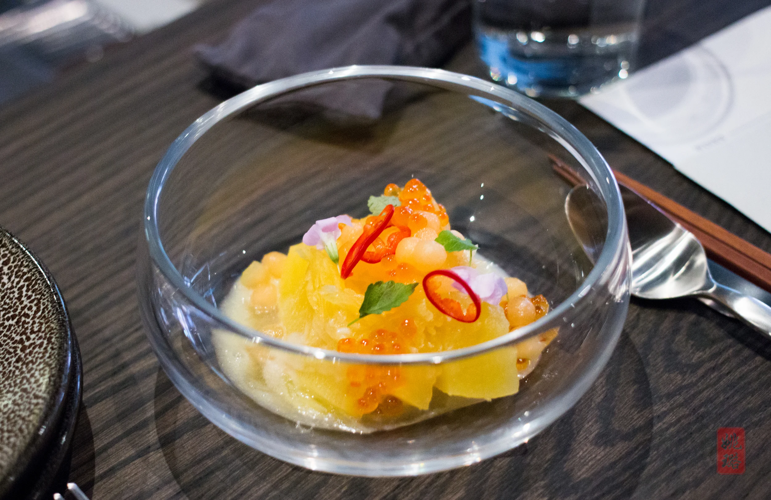 Squash slaw - pineapple rice milk, fresno chilies, melon, roe