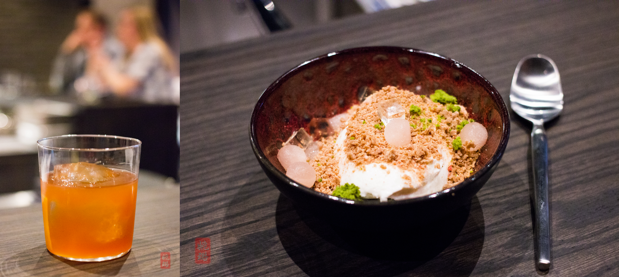 Left: Roister Old Fashioned with brown butter; right: Strawberry and milk - jam, gummies, shortbread crumb