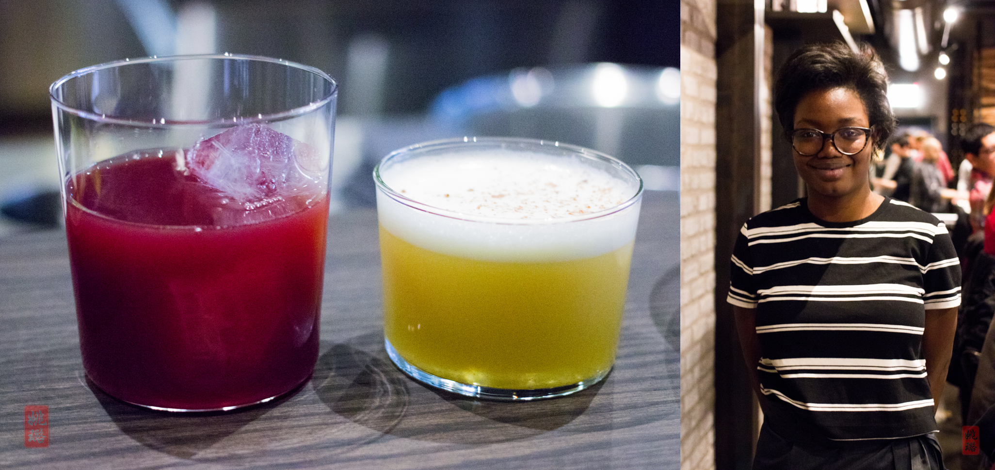 Drink on left: The Resurrected Panda; drink on right: A Sour in the Key of Raffi; right: Aleichia