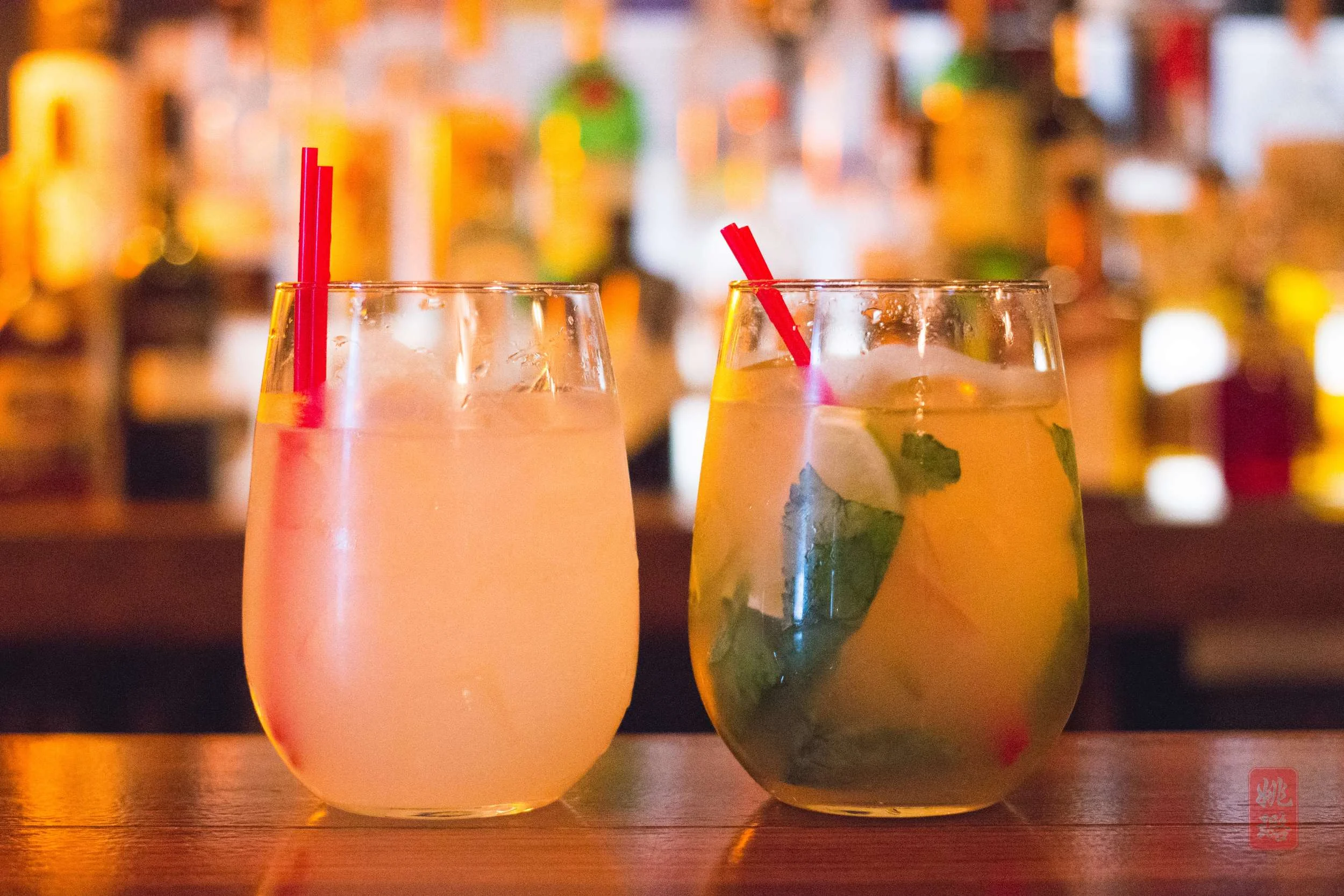 Left: Yuzu shochu cocktail; Right: Manhattan mojito with yuzu