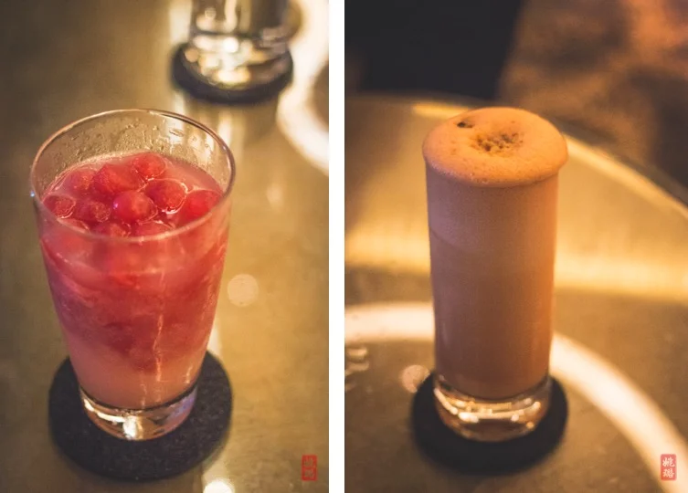 Left - Zombie Panda: lemon, raspberry ice, lychee pisco Right - Carrot Cake Ramos: rooibos, cream cheese, walnut, typical spice