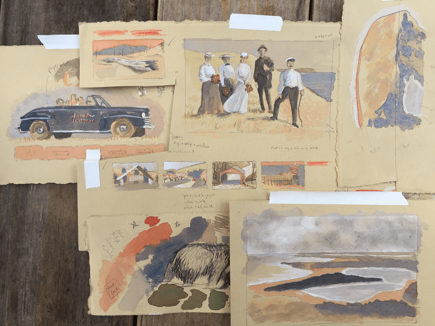 Color palette tests on toned paper