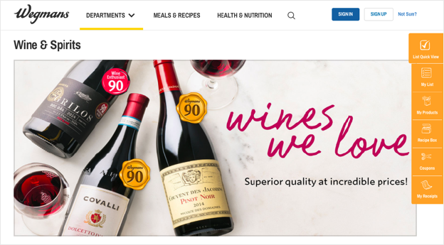 Example of Wine and Spirits category landing page on wegmans.com