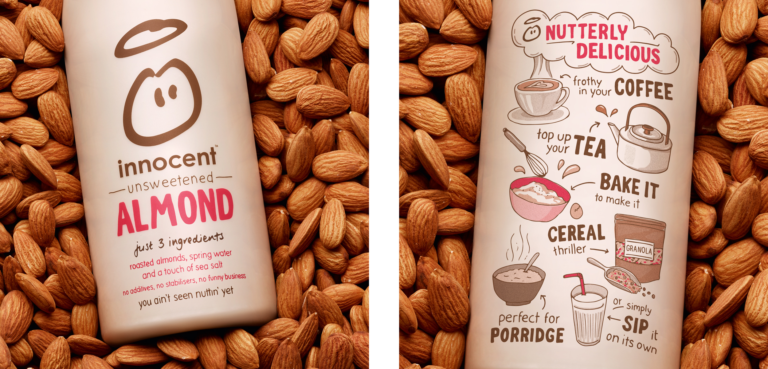 With dairy alternatives being a new category for innocent and a fairly recent trend in the UK, it was important for the packaging to clearly explain what the product is and how to use it. The uses are illustrated on the back of pack in a playful lay
