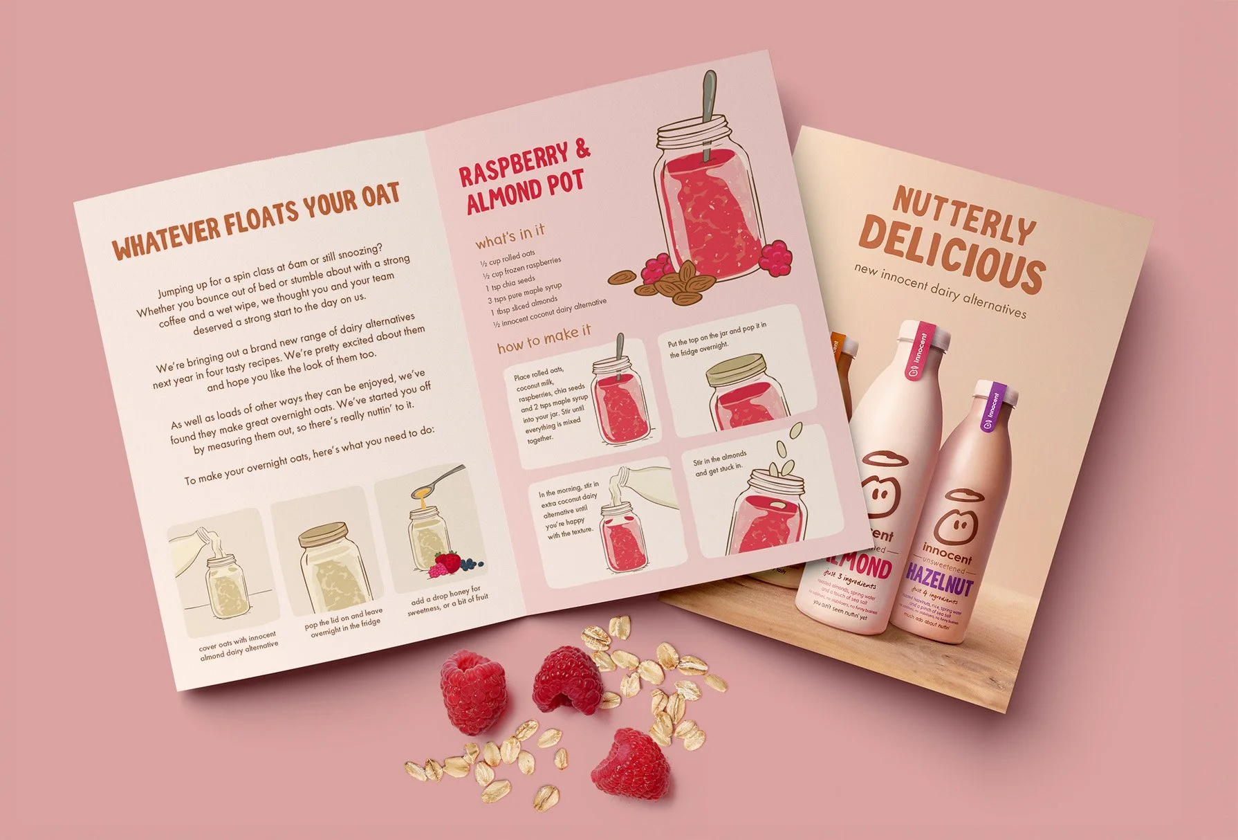  To communicate the launch of Innocent’s range of dairy alternatives, I created these illustrated recipes for overnight oats. These were sent out as a gift package to wholesale buyers, along with the oats, jars and samples of the product. 