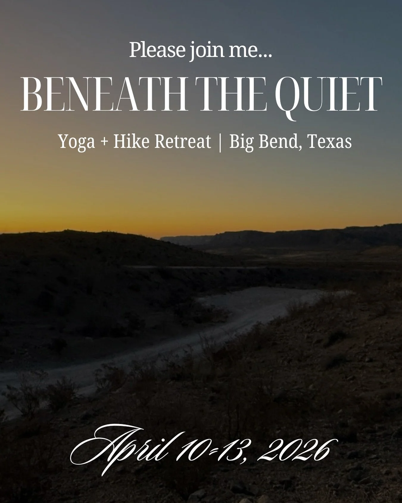 A soul-stirring retreat in the wild, whispering quiet of Big Bend National Park.
April 10&ndash;13, 2026 | Terlingua, Texas | Desert Magic

Imagine mornings that begin under vast desert skies, where your body gently wakes through grounding yoga, your