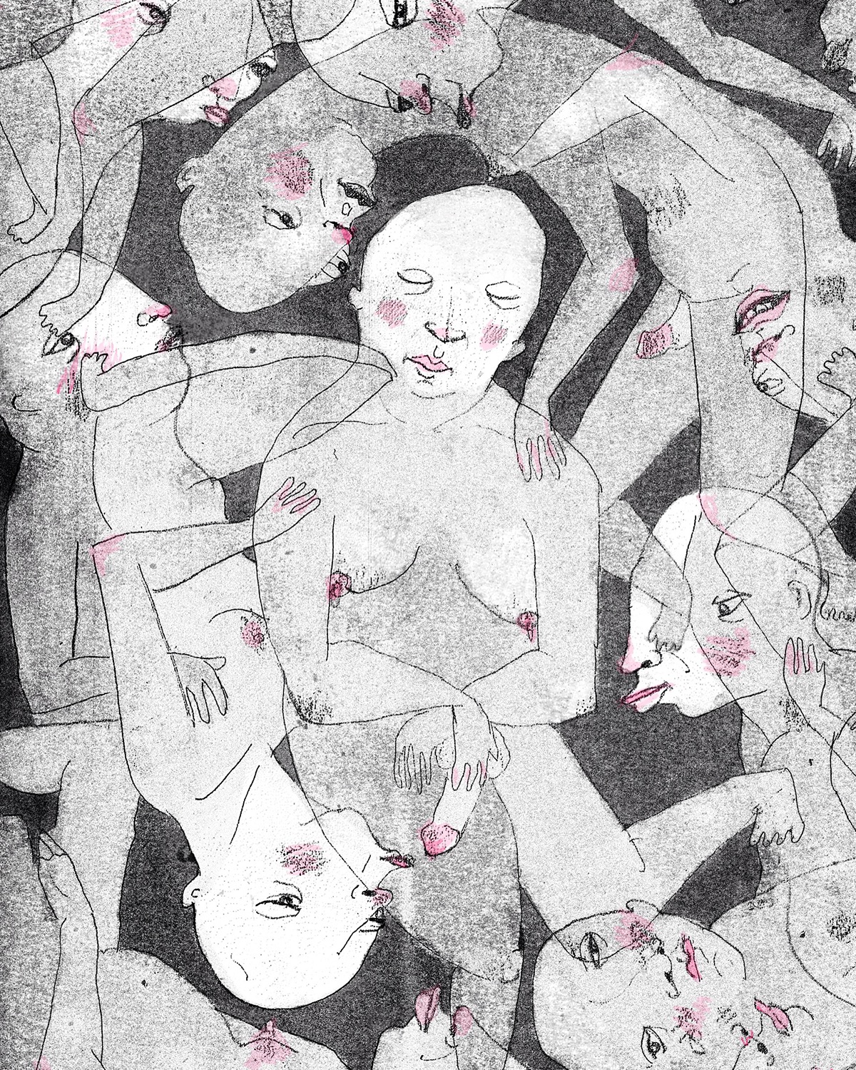 Hermaphrodite Selves is a single monoprint illustration for Turkey based Carbon Collective 's 4th issue "Nokta, Cizgi, Duzlem" meaning: Dot, Line, Surface. The drawing is an adaptation of a personal memory from summer of 2015.