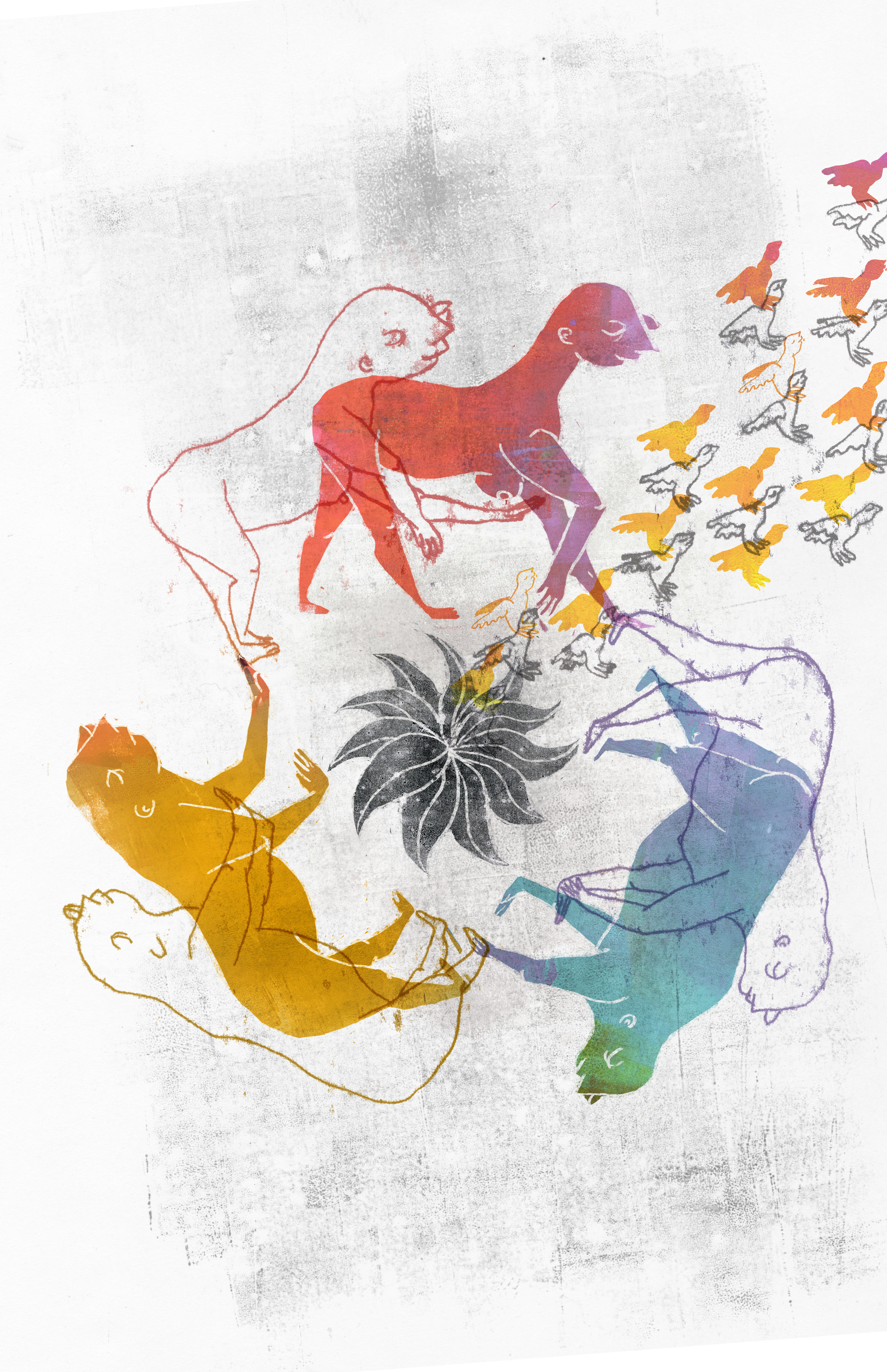 Illustration for Hyrsteria Zine Our stories came as well-nursed plants and weak ones. Our stories came as horses, bulls and lions. As a rosette of eleven leaves inscribed into a circle decorated with triangles. Our stories were a pair of birds holding a crown.