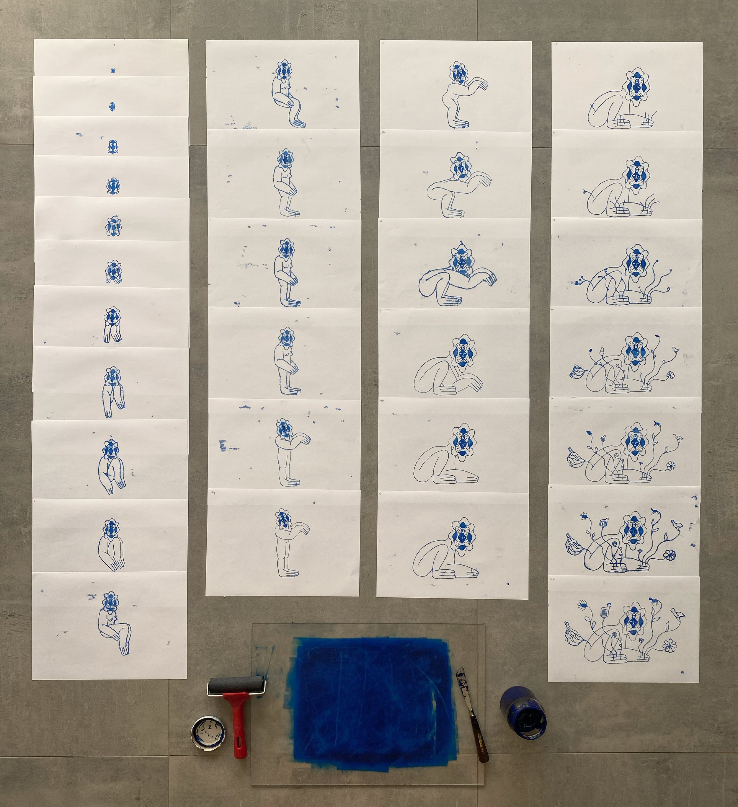  The process of creating animation for the PMS x GIPHY project involves the utilization of physical papers filled with mono-print drawings, despite the ultimate digital output. To create each second of cel animation, 12 drawings are required, resulti