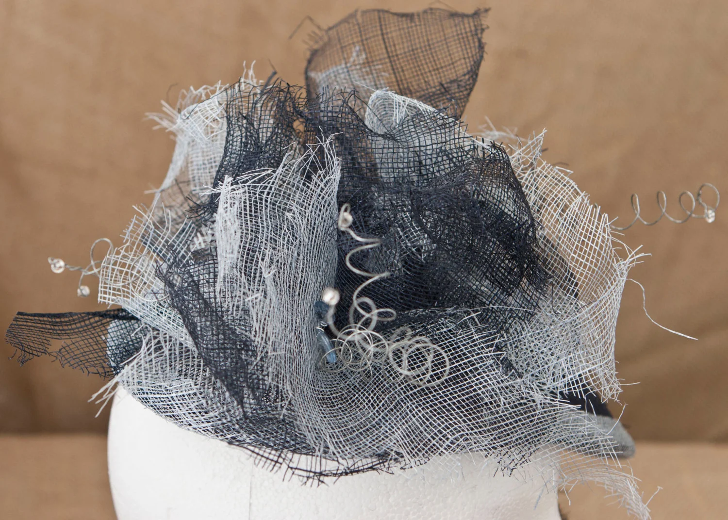 Beloved Millinery Exquisite Grey Feathered Fascinator Elegant Brooch Tea Derby kentucky derby hat fascinator silver gray satin with netting  main image 3