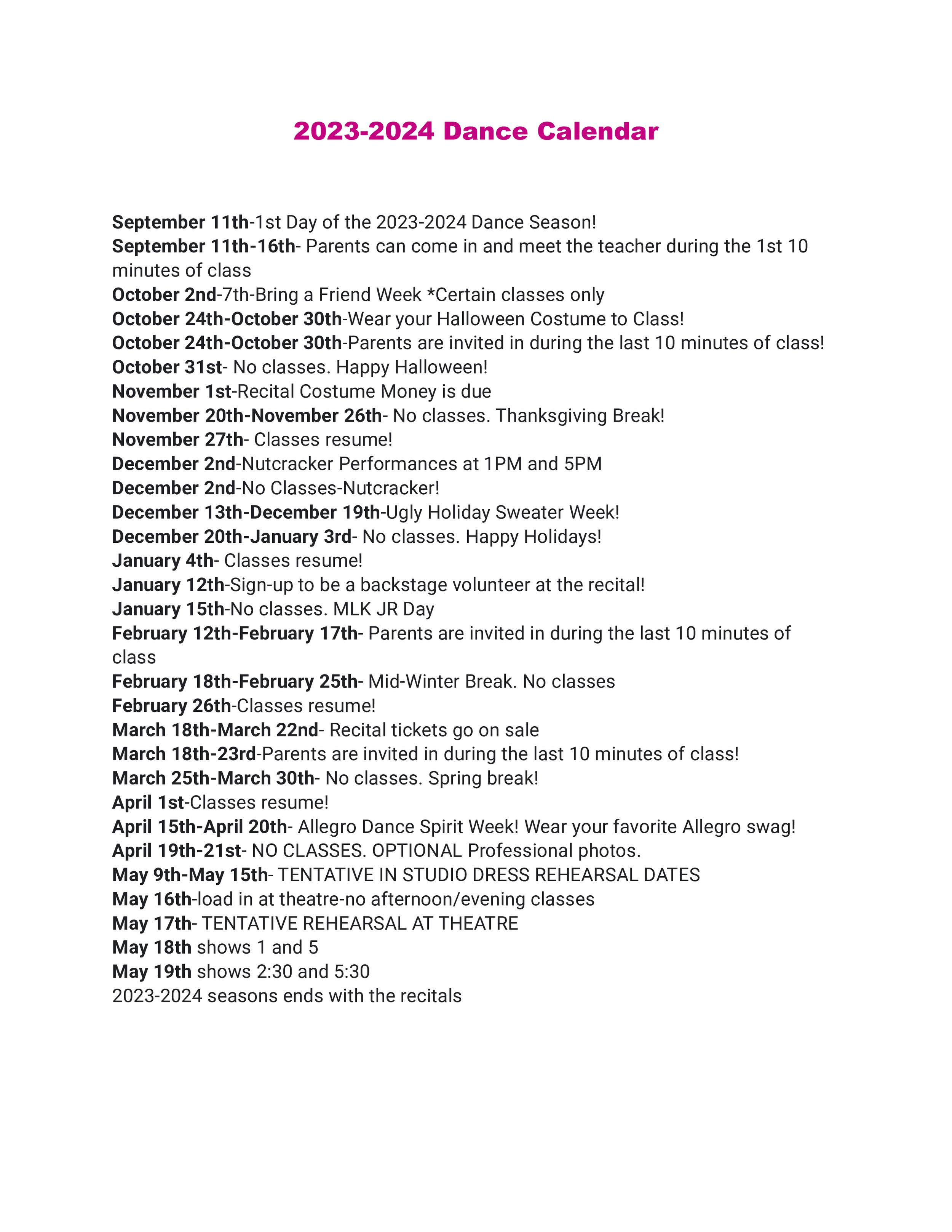 Dance Season Calendar