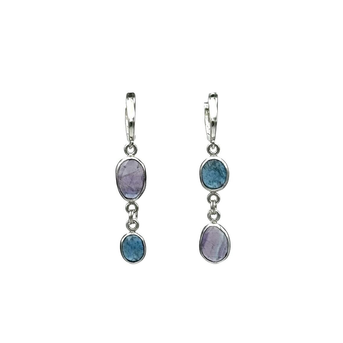 Another asymmetrical rose-cut fluorite and neon blue kyanite gemstone earrings.

About 2&rdquo; in length including hinged closures. Sterling silver polished honed finish.