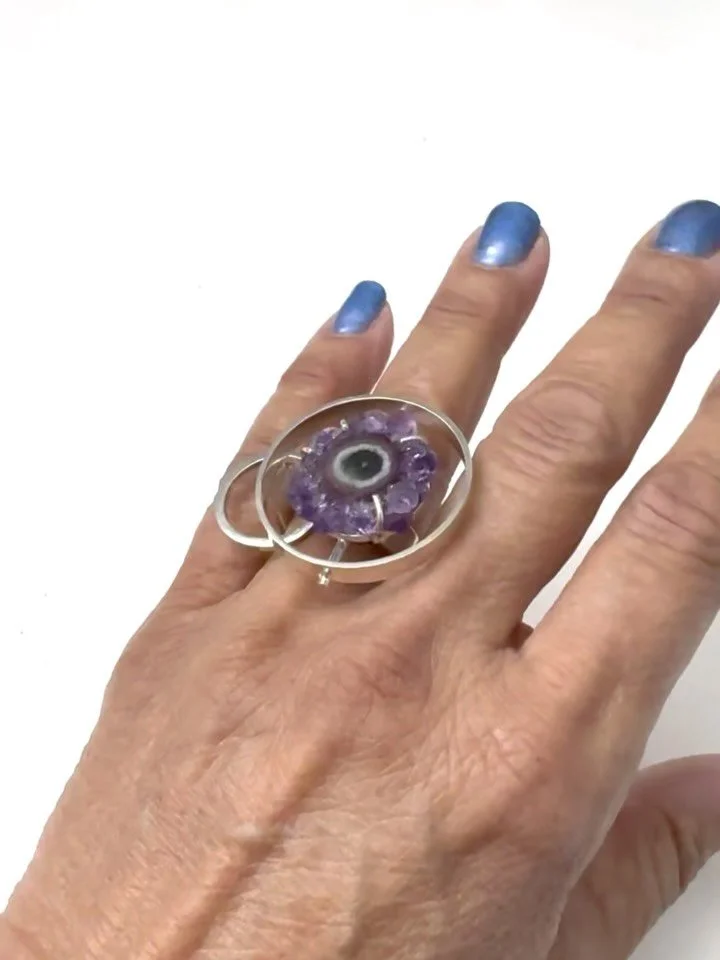 Stunning Amethyst Stalactite Double Circle Ring. Size 7.5, can be slightly adjusted. 

Hi! Life has taken some unexpected paths to say the least! However, I&rsquo;m back on Instagram and will be posting about what I have been making. There are many n