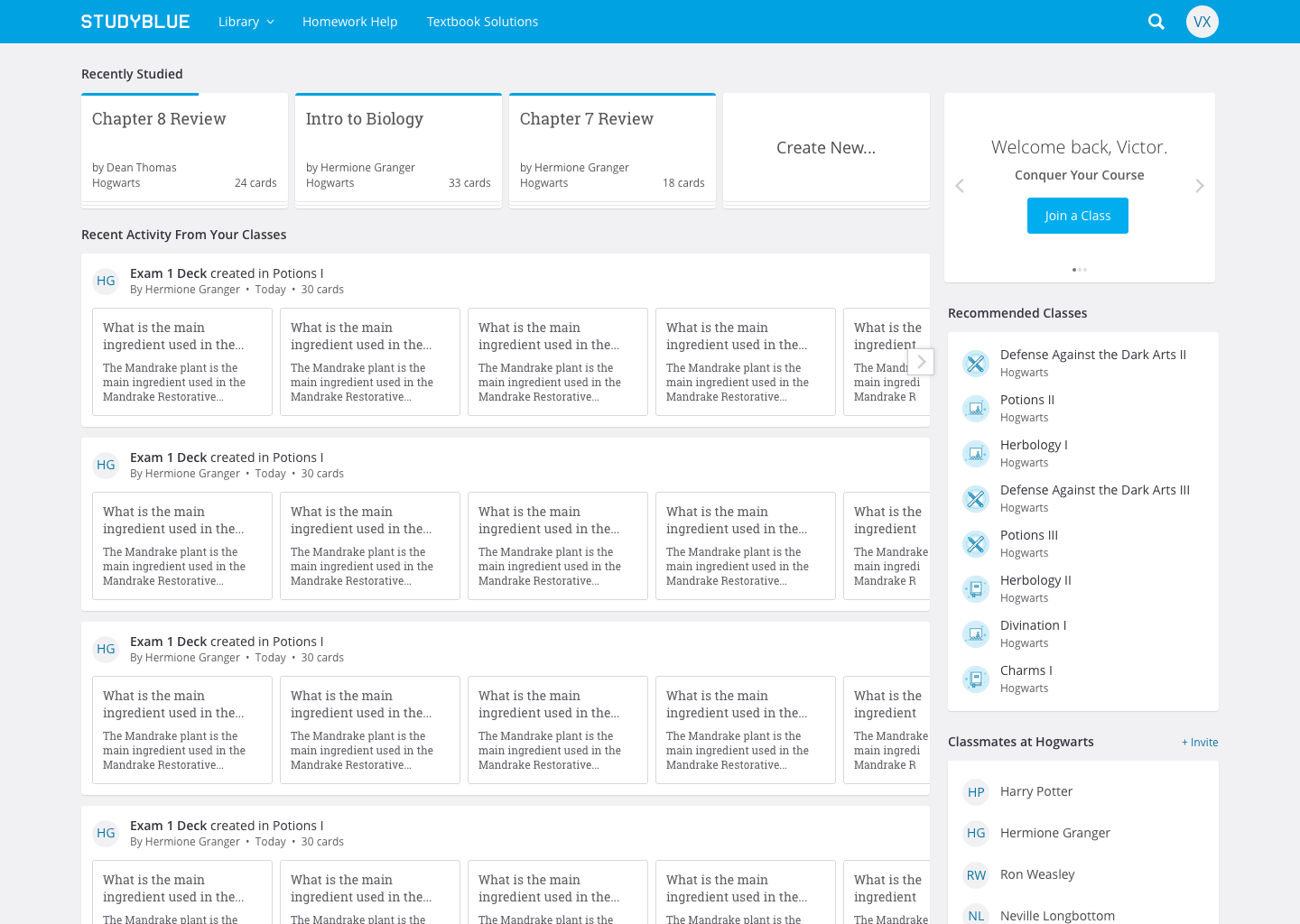 StudyBlue's logged in home page.