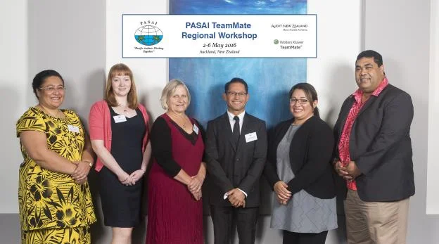 (L to R): Project team – Agnes Aruwafu PASAI Director Technical Support, Alison McDougall Audit NZ Manager Methodology, Ann Kilpatrick Audit NZ Information Manager, Vance Hetariki TeamMate Australasia Business Development Manager, Aolele Sua-Aloese PASAI Director Advocacy, Engagement and Financing, Tiofilusi Tiueti PASAI Chief Executive. 
