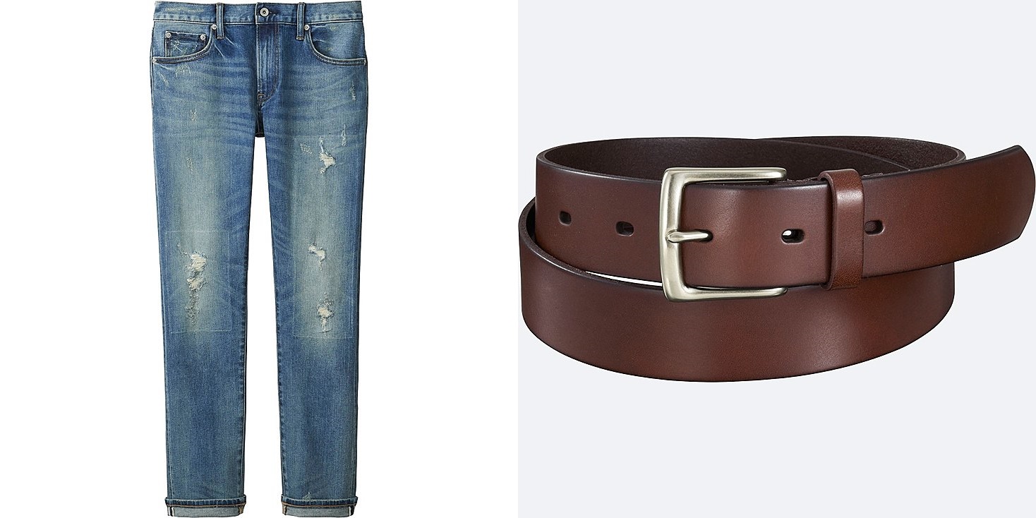From left to right: Slim fit distressed jeans & Italian oiled belt .