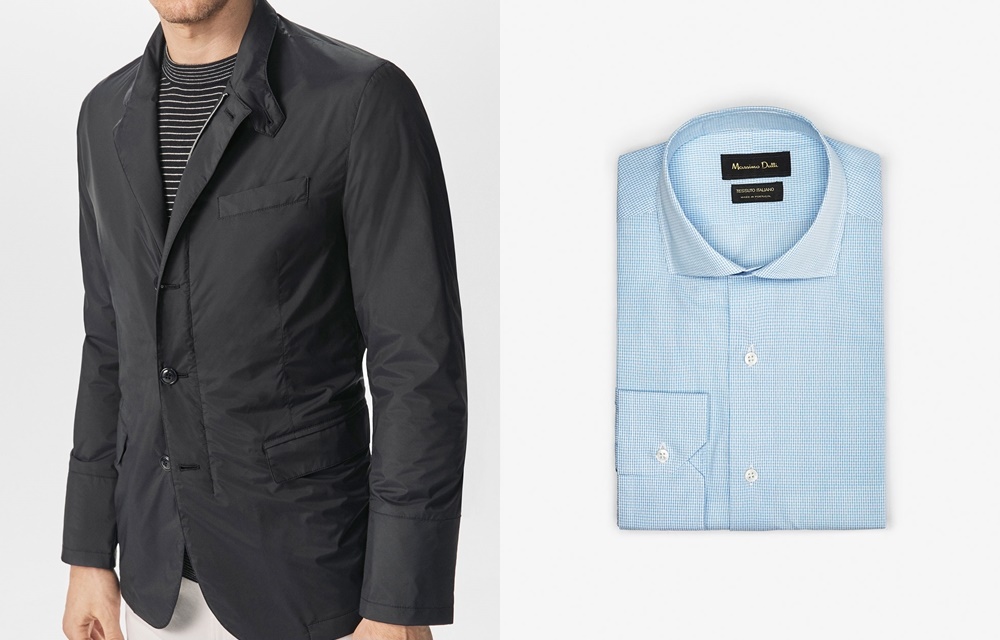 From left to right: Technical blazer with zip & slim fit microcheck printed shirt.