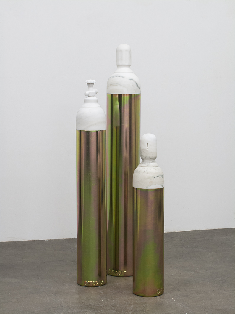 Devin Farrand, Tank 3 4 and 5, 2017, Carrara marble and yellow zinc plated steel, Dimensions Variable, Art Basel Hong Kong
