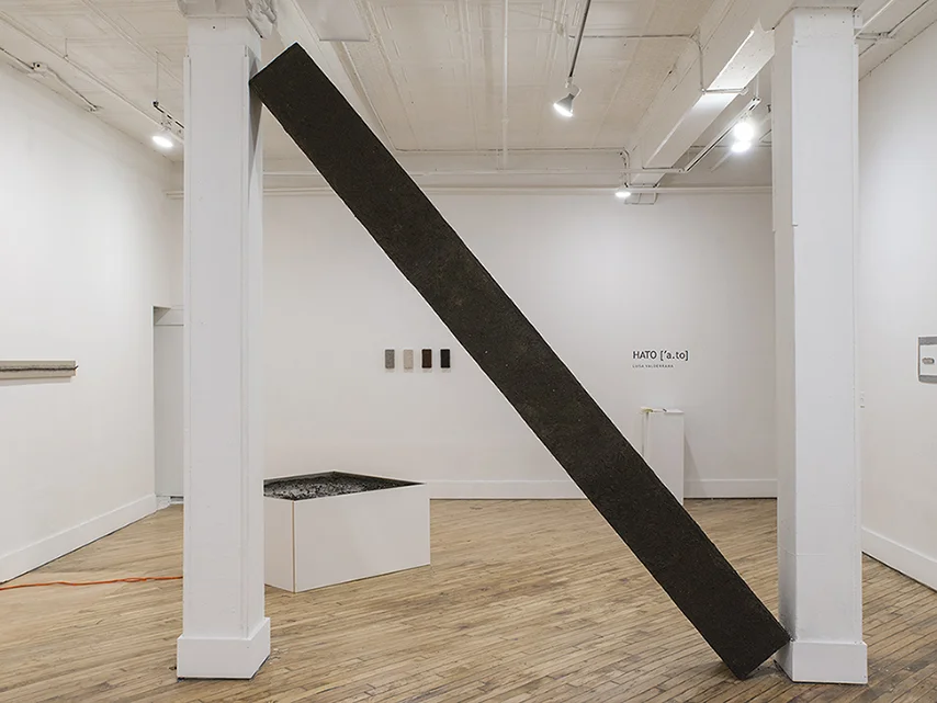 Luisa Valderrama, Hato, Installation, 2018, Dimensions Variable. A 12 ft. high pillar (middle) made out of compressed dirt, responded to the architecture of the space; it had the same dimensions as the columns that held it. Two 4 x 4 ft. boxes (left) with compost emulating the land I grew up in, had a water and a heating system inside that kept the dirt mixture generating smell in the gallery.