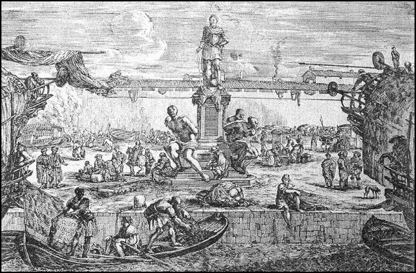 Statue of the four Barbary corsairs as captives. Italian engraving from the seventeenth century of the Monumento dei Quattro Mori (Monument of the Four Moors).