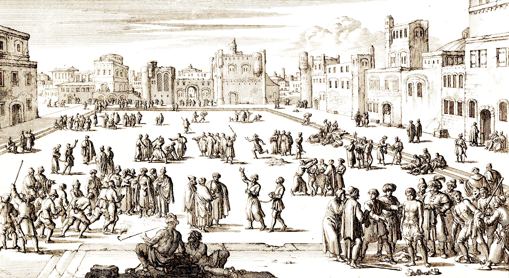 Captives being sold in the slave market—the Batistan —in Algiers. (Engraving by Jan en Casper Luyken, 1684. Amsterdam Historic Museum.)