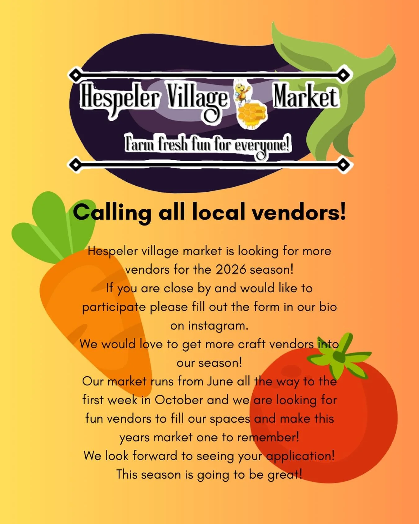 Calling all local vendors!
We are trying to fill up our spaces at the market this season and we wanna see you apply!
We are looking for all different kinds of business, craft vendors, food vendors, and more!
The hespeler village market is a great pla