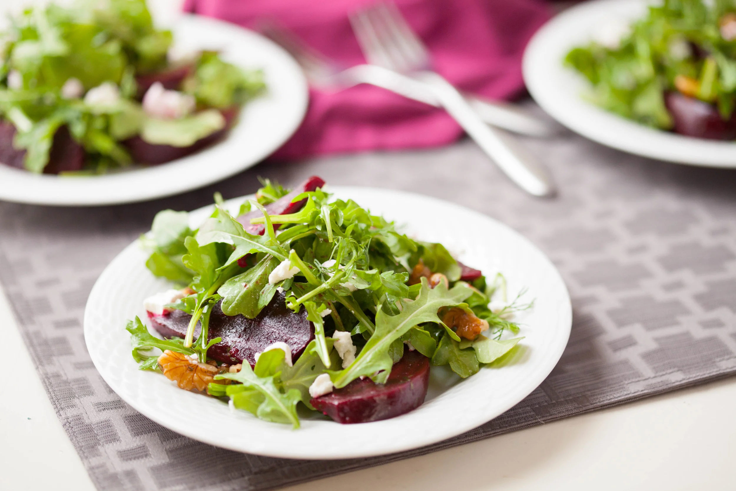 Arugula and beet salad with walnuts, goat cheese and a lemon dill vinaigrette