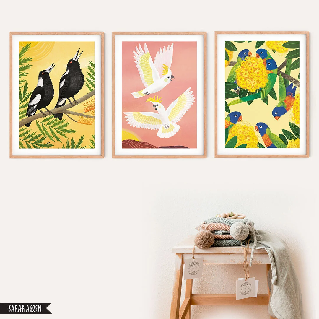Magpies, cockatoos and lorikeet set