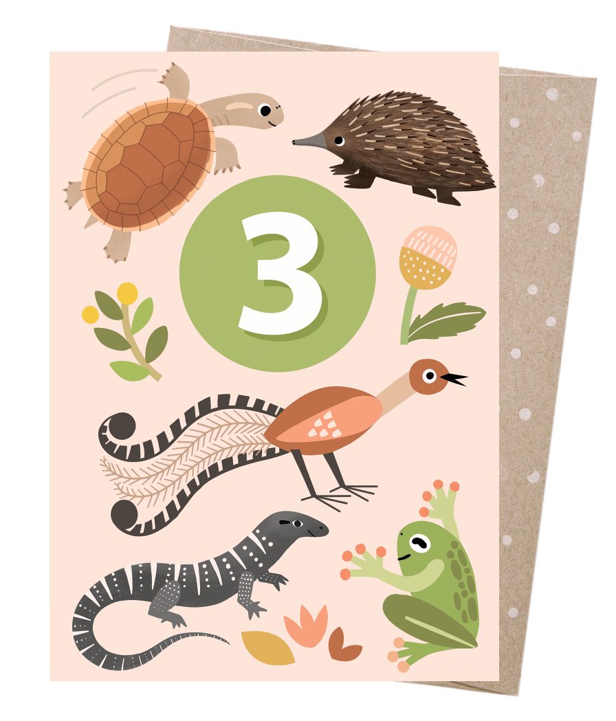 Birthday card age 3 Australian animals — Sarah Allen