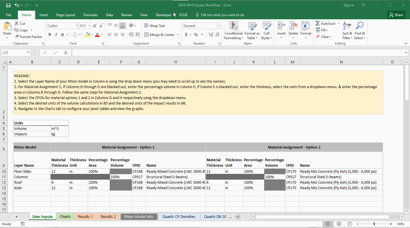 In the initial application prototype, I designed a simple user interface in Excel. Users could enter information about their building design into the spreadsheet and send those inputs to Flux, using the Flux plugin for Excel.