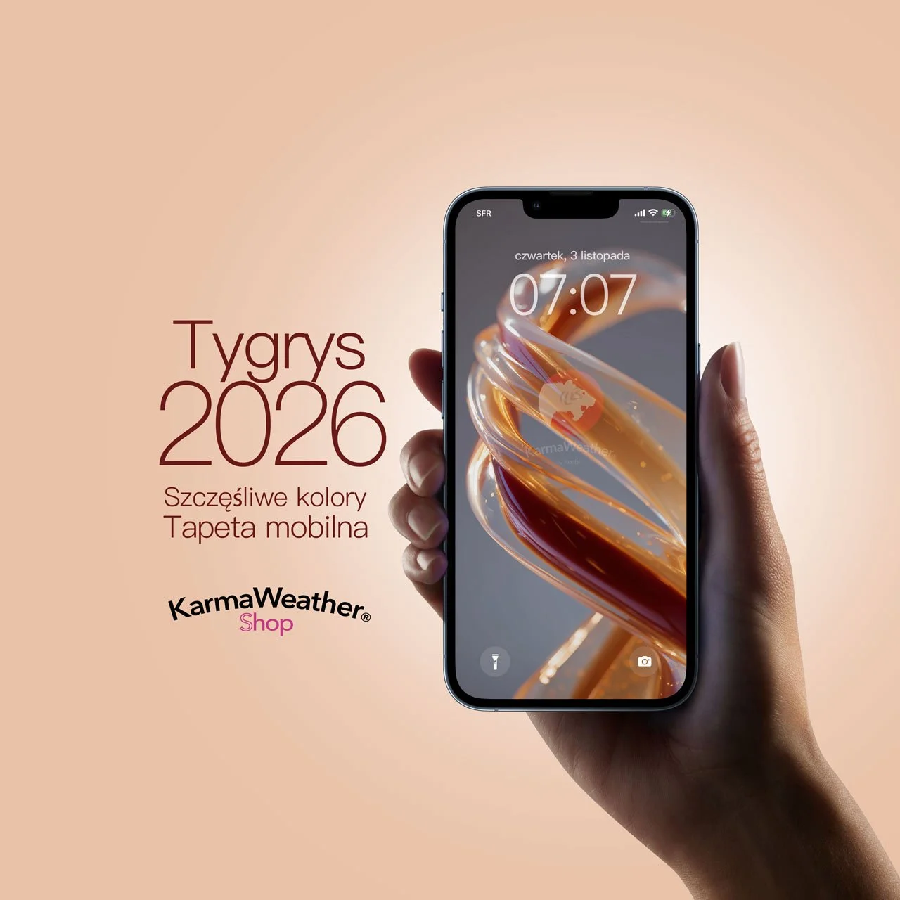 Tapeta Szczęśliwego Koloru 2026 dla Tygrysa na iPhone i Androida – KarmaWeather by Konbi