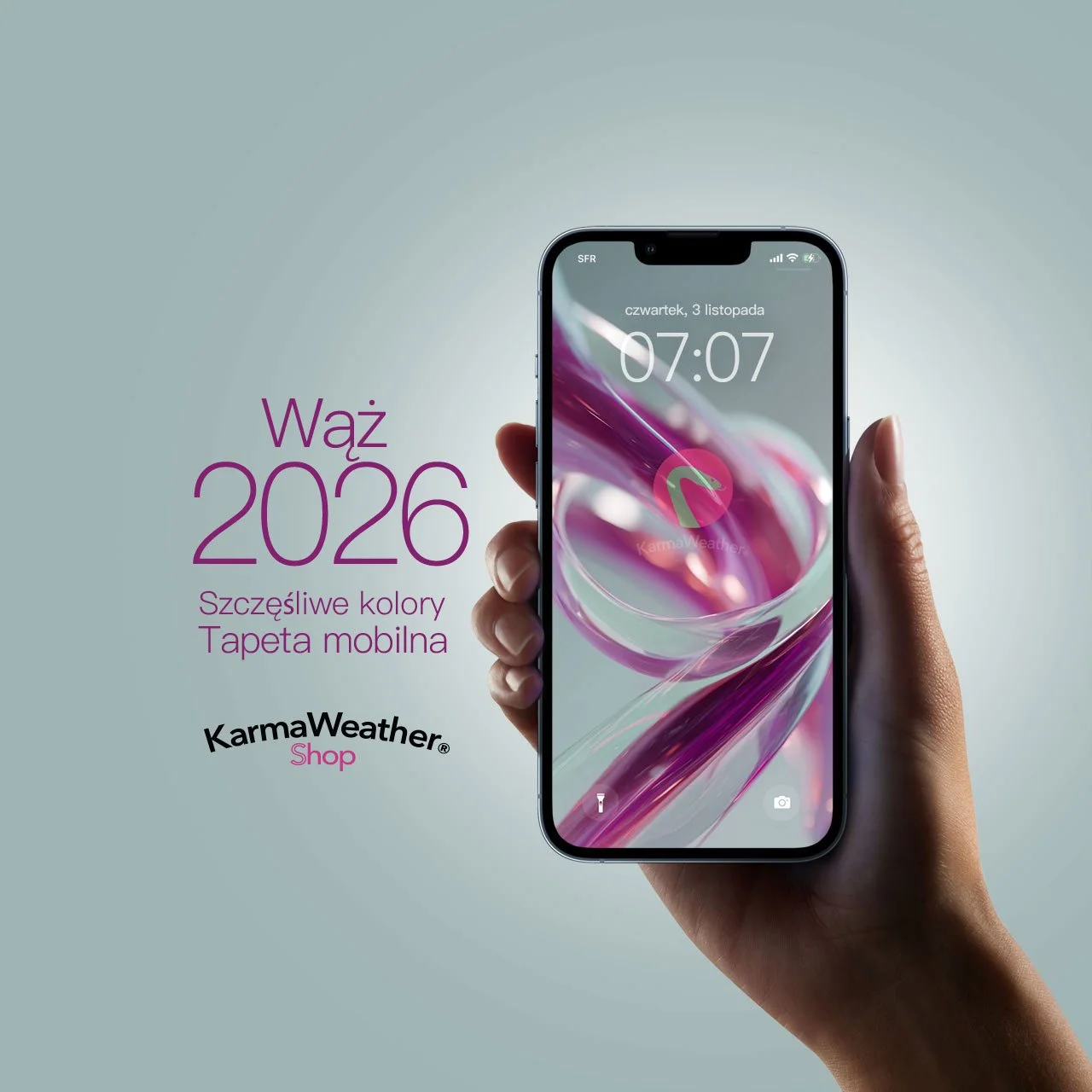 Tapeta szczęśliwego koloru Węża 2026 na iPhone i Android – KarmaWeather by Konbi