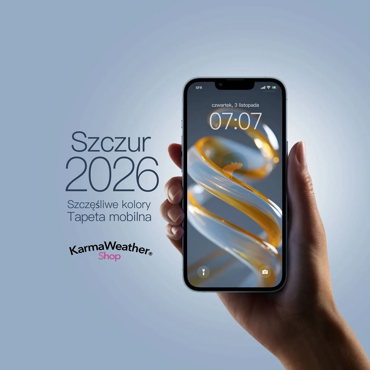 Tapeta Szczęśliwego Koloru 2026 dla Szczura na iPhone i Androida – KarmaWeather by Konbi