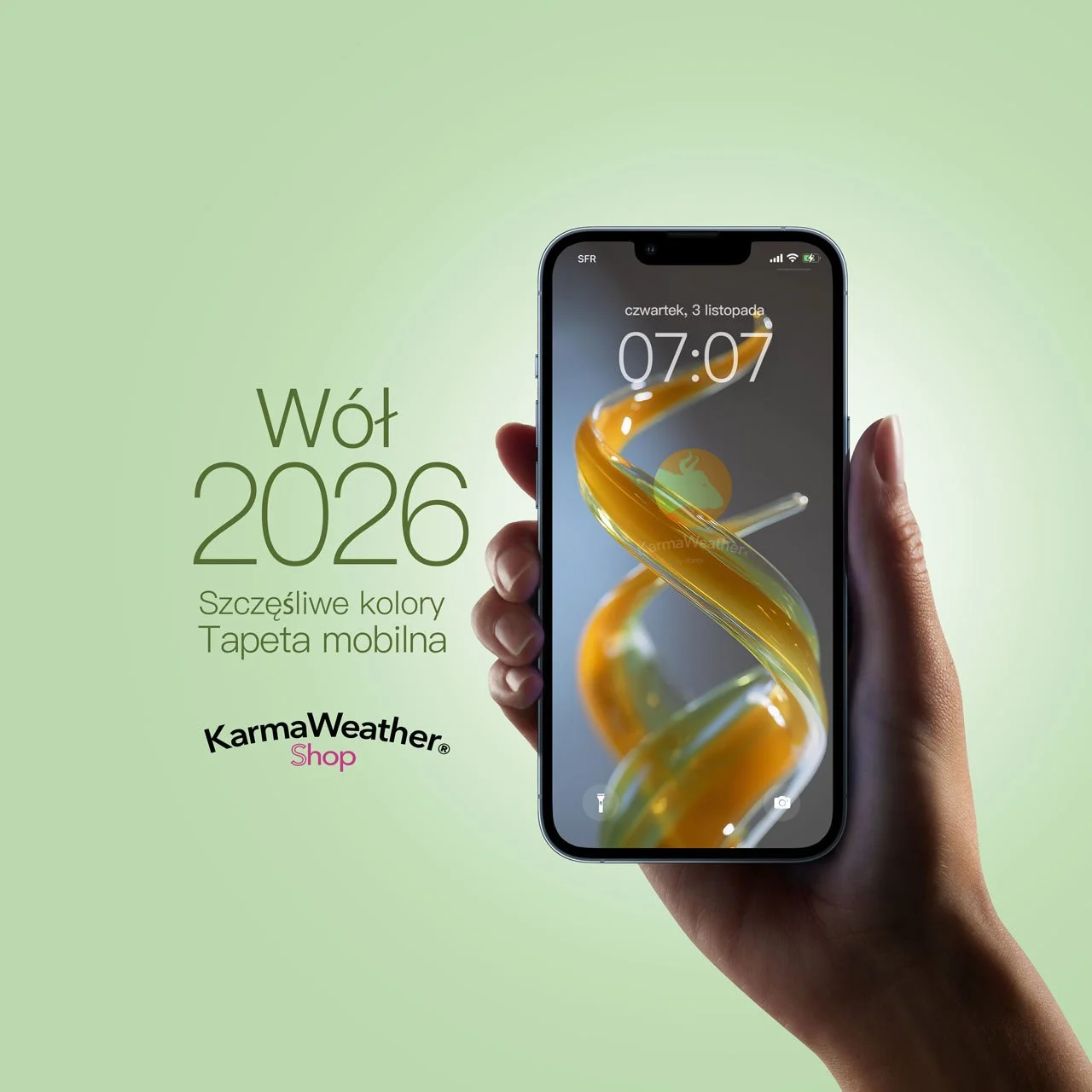 Tapeta Szczęśliwego Koloru 2026 dla Wołu na iPhone i Androida – KarmaWeather by Konbi