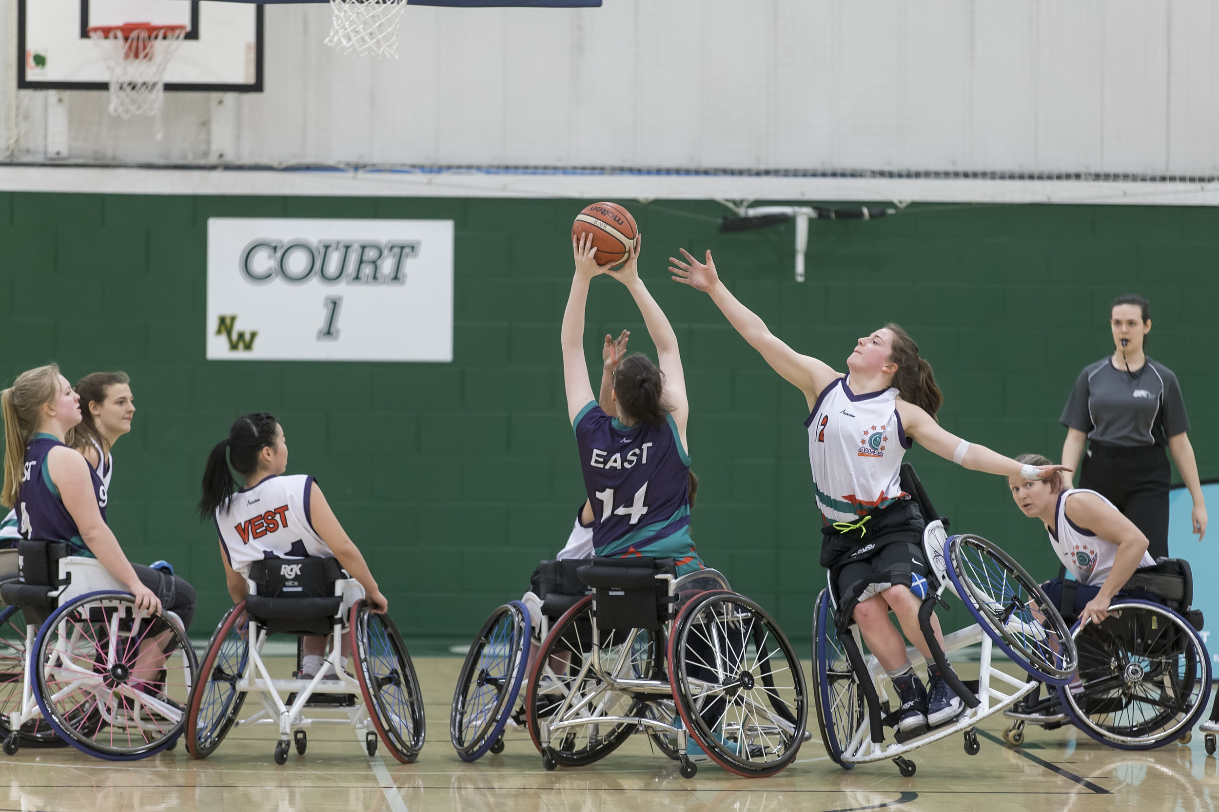 On one wheel - Mowenna putting everything into defence representing Team West at the 2016 BWB Women’s League All-Star Game; photo credit SA Images
