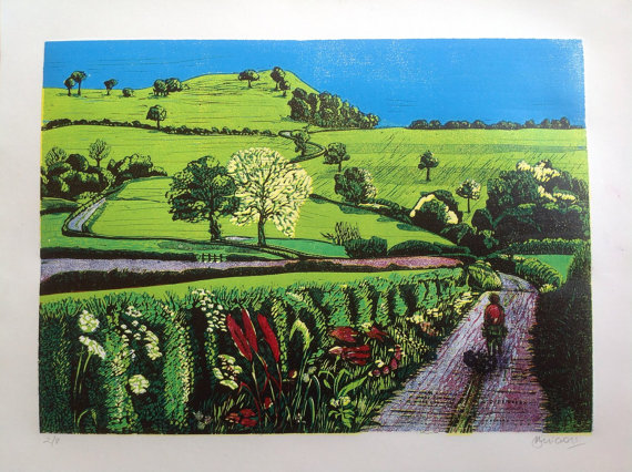 'Summer cycling' reproduced with permission of Dave Flitcroft - see more of his cycling-inspired art at https://www.etsy.com/uk/shop/Artfromthebikeshed