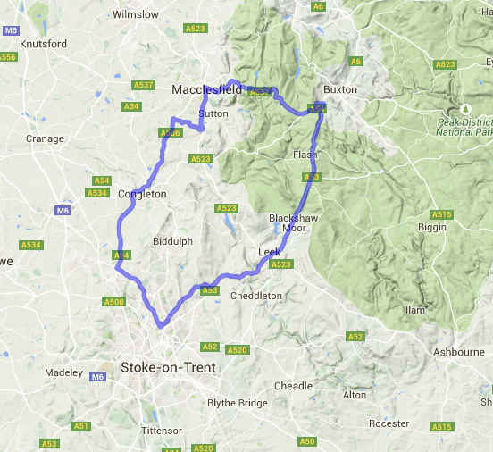 The route - 55 miles from Stoke-on-Trent, via Macclesfield and the Cat & Fiddle climb (the northernmost section on the map), Buxton and back.