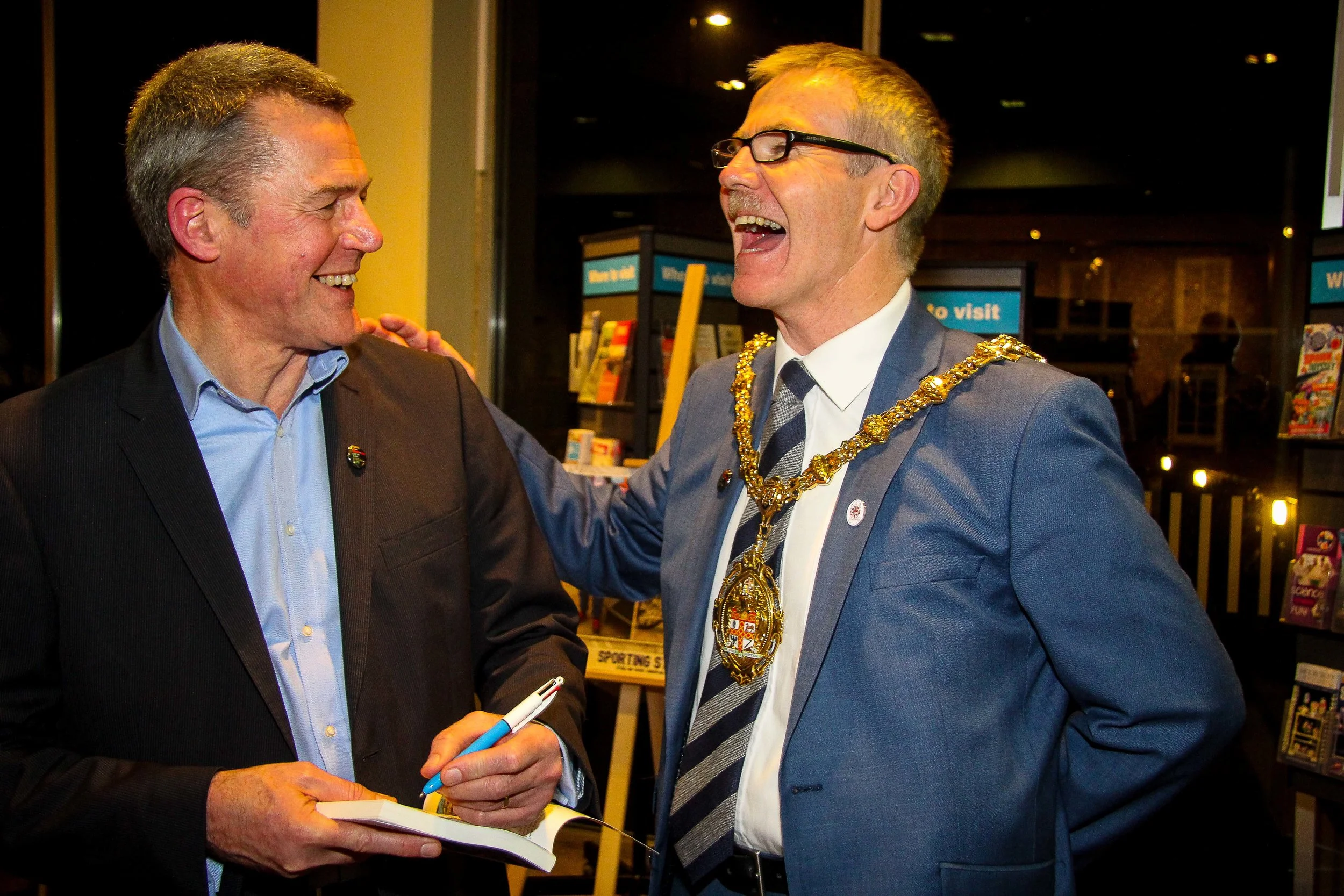 Peter enjoying a joke with Anthony Munday, the Lord Mayor of Stoke-on-Trent (and contributor to Sporting Stories 2016) at the January launch of the new book