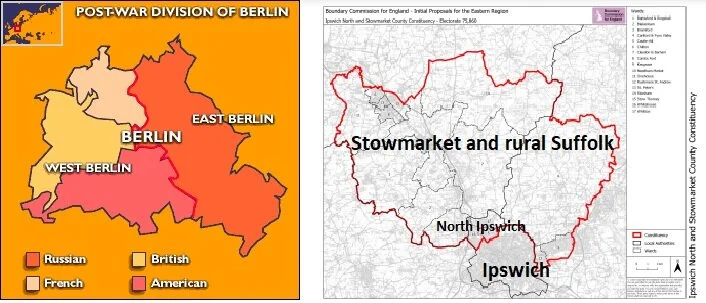 A divided Ipswich thanks to the Boundary Commission and rural Suffolk.
