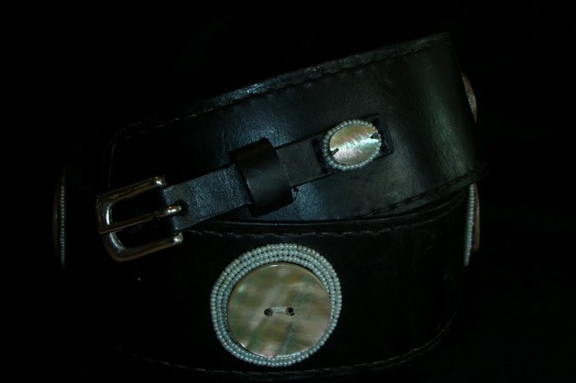 Mother of pearl adornment with fresh water pearls on curved belt of 2.5” width. Variable sizes.