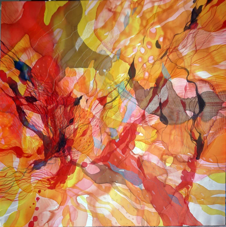John Martono, Morning Whispers, Paint on Silk with Hand Stitching. Available here .