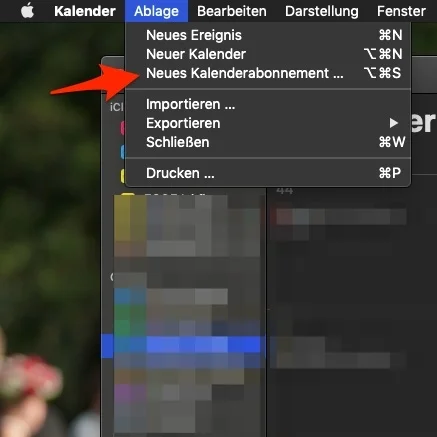 2. “Ablage” >> “Neues Kalenderabonnement…”