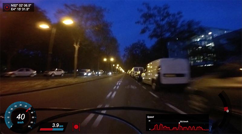 Testing the VIRB at night with data on top of the video.